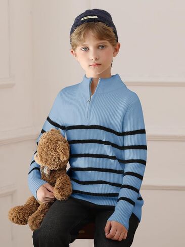 Haloumoning Boys Striped Quarter Zip Sweater Kids Fashion Long Sleeve Knit Pullover Sweaters Tops 5-14 Years in Kuwait