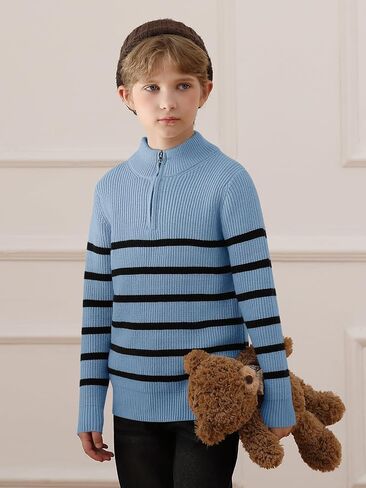 Haloumoning Boys Striped Quarter Zip Sweater Kids Fashion Long Sleeve Knit Pullover Sweaters Tops 5-14 Years in Kuwait