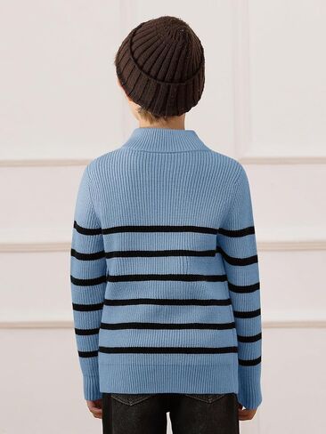 Haloumoning Boys Striped Quarter Zip Sweater Kids Fashion Long Sleeve Knit Pullover Sweaters Tops 5-14 Years in Kuwait