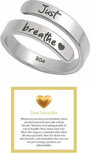 Dainty Just Breathe Ring for Women, Inspirational Engraved Heart Stainless Steel Open Ring Encouragement Daily Motivation Love Yourself Jewelry Gift in Saudi Arabia