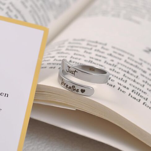 Dainty Just Breathe Ring for Women, Inspirational Engraved Heart Stainless Steel Open Ring Encouragement Daily Motivation Love Yourself Jewelry Gift in Saudi Arabia