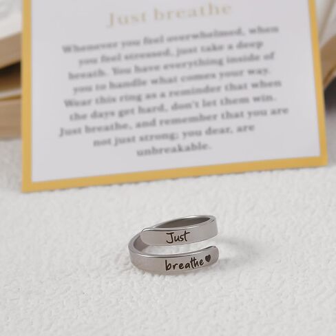 Dainty Just Breathe Ring for Women, Inspirational Engraved Heart Stainless Steel Open Ring Encouragement Daily Motivation Love Yourself Jewelry Gift in Saudi Arabia