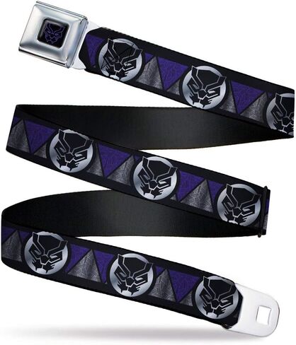 Marvel Comics Belt, Seatbelt Buckle Belt, Black Panther Avengers Icon Triangles Black Silvers Purples, 24 to 38 Inches in Saudi Arabia