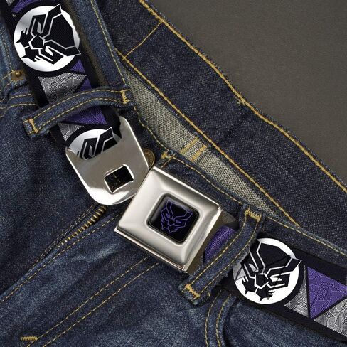 Marvel Comics Belt, Seatbelt Buckle Belt, Black Panther Avengers Icon Triangles Black Silvers Purples, 24 to 38 Inches in Saudi Arabia