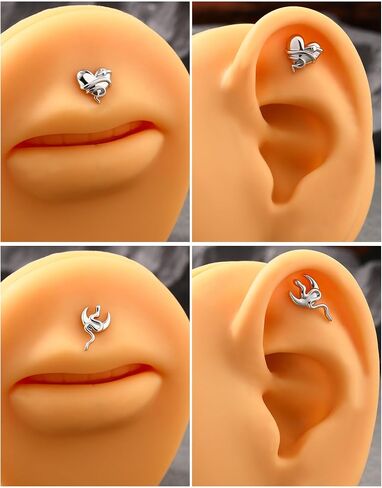 Jewseen 16g Internally Threaded Flat Back Earrings Surgical Steel Heart Moon Snake Cartilage Stud Lip Piercing Jewelry Nose Stud Conch Helix Tragus Earrings for Women Men in Saudi Arabia