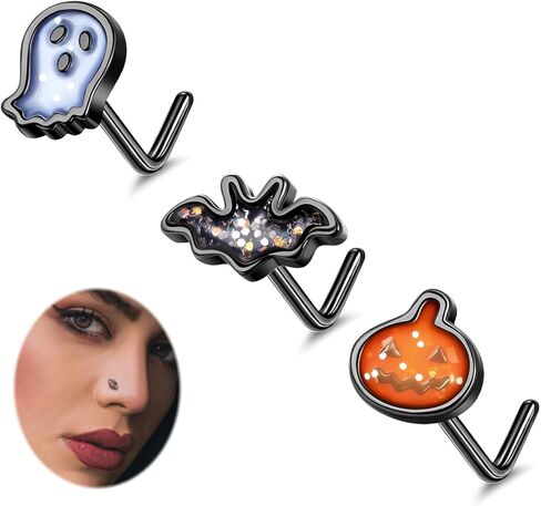 3PCS 20G Halloween Nose Studs for Women Men 316L Stainless Steel L Shaped Nose Ring Studs Ghost Pumpkin Bat Nose Ring Black Moon Sun Nose Piercing Jewelry in Saudi Arabia