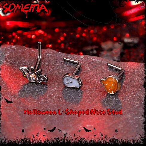 3PCS 20G Halloween Nose Studs for Women Men 316L Stainless Steel L Shaped Nose Ring Studs Ghost Pumpkin Bat Nose Ring Black Moon Sun Nose Piercing Jewelry in Saudi Arabia