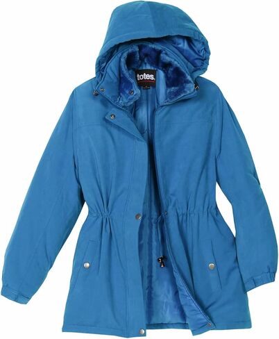 معطف شتوي نسائي من Totes مع غطاء للرأس من الفرو الصناعي، معطف باركا مقاوم للماء، أزرق متوسط، كبير جدًا in Kuwait