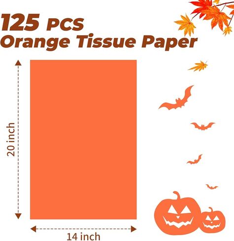 Simetufy ورق مناديل برتقالي لحقائب الهدايا، 125 ورقة مقاس 14 × 20 بوصة ورق تغليف برتقالي للتغليف، مجموعة مناديل ورقية للخريف، والهالوين، وعيد الشكر، وأعياد الميلاد، وديكور العطلات والحرف اليدوية in Kuwait