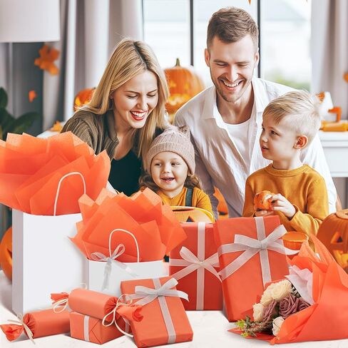 Simetufy ورق مناديل برتقالي لحقائب الهدايا، 125 ورقة مقاس 14 × 20 بوصة ورق تغليف برتقالي للتغليف، مجموعة مناديل ورقية للخريف، والهالوين، وعيد الشكر، وأعياد الميلاد، وديكور العطلات والحرف اليدوية in Kuwait