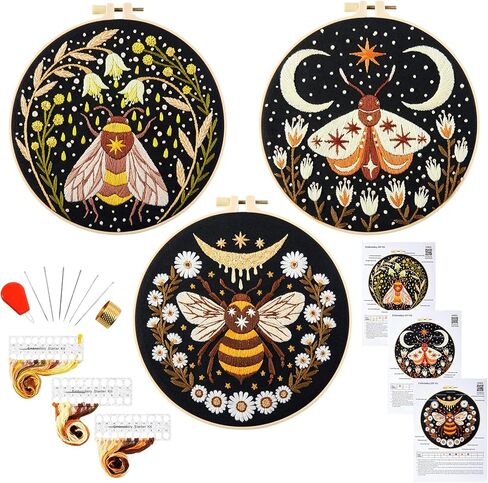 Embroidery Kits for Beginners Adults, Stamped Cross Stitch kits for Adult Beginners Embroidery Starter Kit with Pattern, 3 Embroidery Hoop and Fabric, Needles Threads (Attached Teaching Video QR Code) in Kuwait