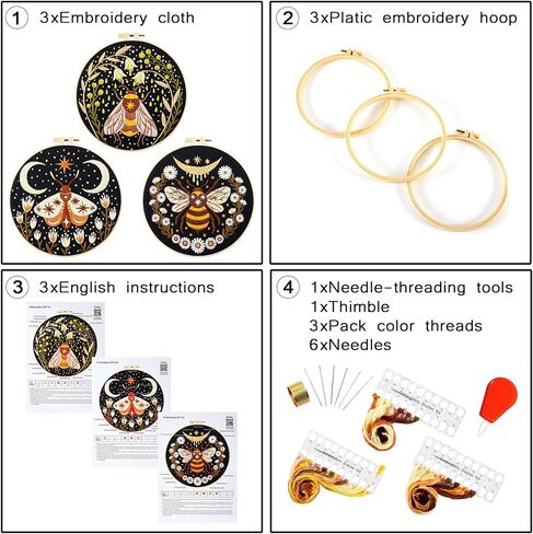 Embroidery Kits for Beginners Adults, Stamped Cross Stitch kits for Adult Beginners Embroidery Starter Kit with Pattern, 3 Embroidery Hoop and Fabric, Needles Threads (Attached Teaching Video QR Code) in Kuwait