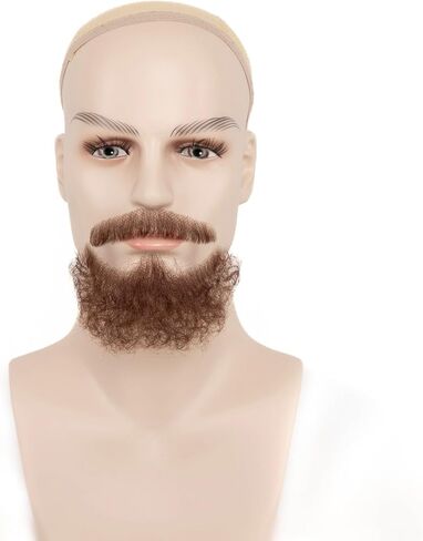 Fake Beard Human Hair Realistic Fake Mustache for Men, Full Hand-tied Invisible Lace Based Fake Facial Hair Brown False Goatee Beards for Halloween Cosplay Costume Party Drama in Saudi Arabia