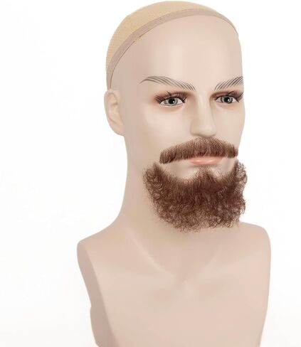 Fake Beard Human Hair Realistic Fake Mustache for Men, Full Hand-tied Invisible Lace Based Fake Facial Hair Brown False Goatee Beards for Halloween Cosplay Costume Party Drama in Saudi Arabia