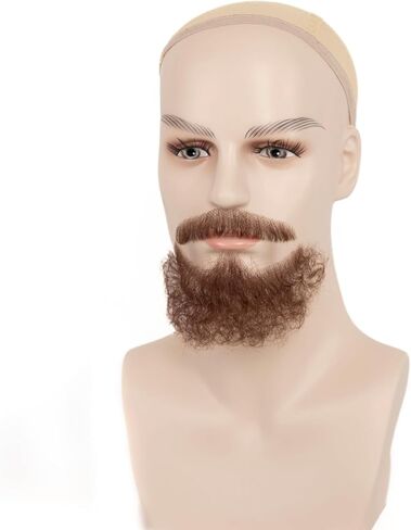 Fake Beard Human Hair Realistic Fake Mustache for Men, Full Hand-tied Invisible Lace Based Fake Facial Hair Brown False Goatee Beards for Halloween Cosplay Costume Party Drama in Saudi Arabia