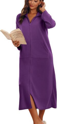Ekouaer Women Zipper Robe Long Sleeves House Coat Soft Bathrobe Sleepwear with Pockets Housecoat Loungewear in Saudi Arabia