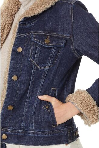 Liverpool Los Angeles Women's Sherpa Collar Trucker Jacket Stretch Indigo Slub Denim, Rinse, X-Large in Saudi Arabia