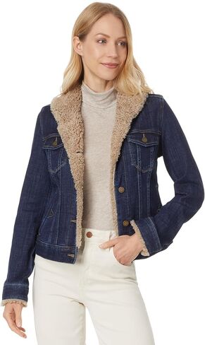 Liverpool Los Angeles Women's Sherpa Collar Trucker Jacket Stretch Indigo Slub Denim, Rinse, Large in Saudi Arabia