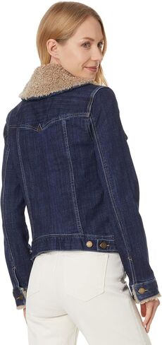 Liverpool Los Angeles Women's Sherpa Collar Trucker Jacket Stretch Indigo Slub Denim, Rinse, Large in Saudi Arabia