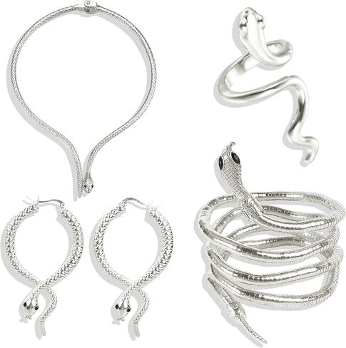 Dcfywl731 Snake Jewelry Set for Women Glexible Snake Bracelet Snake Dangle Drop Earrings Punk Snake Pendent Necklace Adjustable Open Snake Ring Halloween Cosplay Medusa Costume Accessories in Kuwait