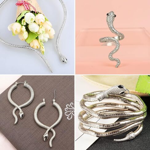 Dcfywl731 Snake Jewelry Set for Women Glexible Snake Bracelet Snake Dangle Drop Earrings Punk Snake Pendent Necklace Adjustable Open Snake Ring Halloween Cosplay Medusa Costume Accessories in Kuwait
