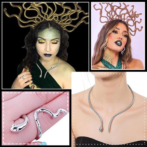 Dcfywl731 Snake Jewelry Set for Women Glexible Snake Bracelet Snake Dangle Drop Earrings Punk Snake Pendent Necklace Adjustable Open Snake Ring Halloween Cosplay Medusa Costume Accessories in Kuwait