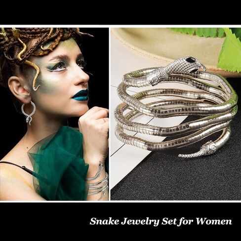 Dcfywl731 Snake Jewelry Set for Women Glexible Snake Bracelet Snake Dangle Drop Earrings Punk Snake Pendent Necklace Adjustable Open Snake Ring Halloween Cosplay Medusa Costume Accessories in Kuwait