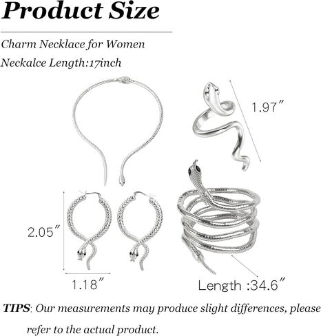 Dcfywl731 Snake Jewelry Set for Women Glexible Snake Bracelet Snake Dangle Drop Earrings Punk Snake Pendent Necklace Adjustable Open Snake Ring Halloween Cosplay Medusa Costume Accessories in Kuwait