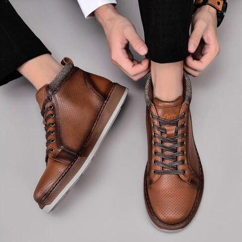 Men's Casual Leather Sneaker Boots - Mid-Top Fashion Dressy Oxford Sneaker Ankle Boot Daily Walking Shoes for Men in Kuwait