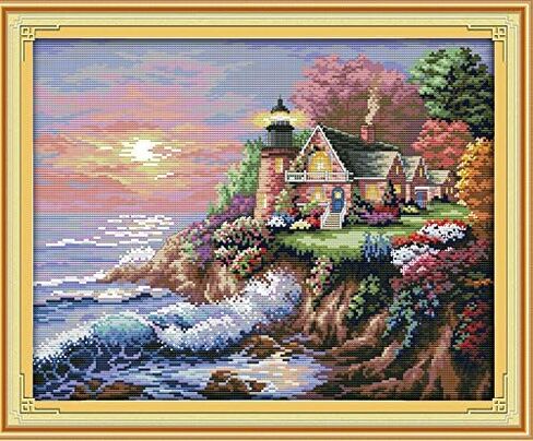 Stitchmelody 14CT Counted Cross Stitch Kits for Adults,DMC Threads Unprinted Pattern Embroidery Kit Needlework-Flower Cabin 17.3''×13'' in Saudi Arabia
