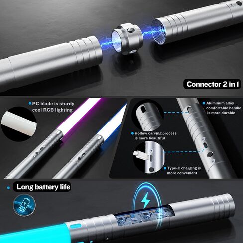 2 حزمة من السيف الضوئي، 15 لونًا و4 أوضاع لإضاءة السيف للمبارزة، 2 في 1 RGB شحن USB قابل للفصل، ألعاب هدايا للأطفال والبالغين في الهالوين in Saudi Arabia