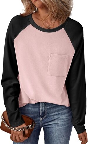 Trendy Queen Womens Crew Neck Long Sleeve Colorblock Shirts 2024 in Saudi Arabia