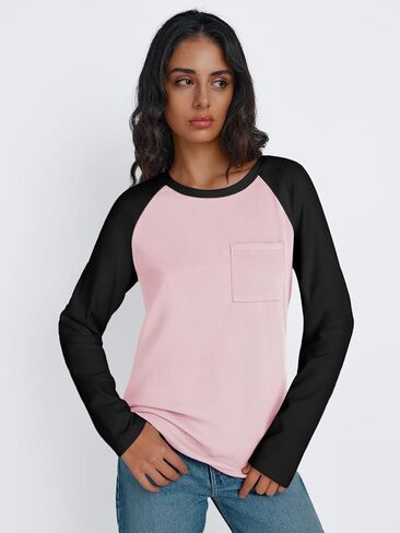 Trendy Queen Womens Crew Neck Long Sleeve Colorblock Shirts 2024 in Saudi Arabia