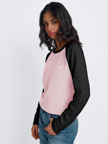 Trendy Queen Womens Crew Neck Long Sleeve Colorblock Shirts 2024 in Saudi Arabia