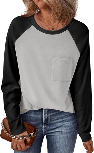 Trendy Queen Womens Crew Neck Long Sleeve Colorblock Shirts 2024 in Saudi Arabia