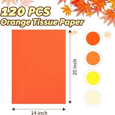Simetufy ورق مناديل برتقالي لحقائب الهدايا، 120 ورقة مقاس 14 × 20 بوصة ورق تغليف أصفر للتغليف، مجموعة مناديل ورقية للخريف، والهالوين، وعيد الشكر، وأعياد الميلاد، وديكور العطلات والحرف اليدوية in Kuwait