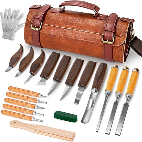 Wood Carving Kit, 20Pcs Wood Carving Tools with PU Leather Storage Bag, Wood Whittling Kit with 3Pcs Chisels & 8Pcs Whittling Knives & 5 Detail Carving Knives for Beginners and Enthusiasts in Kuwait