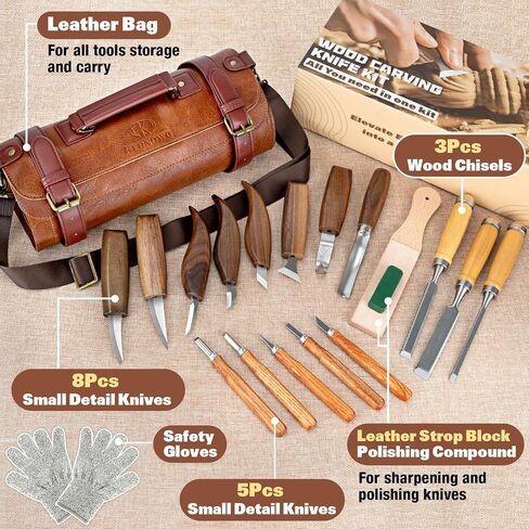 Wood Carving Kit, 20Pcs Wood Carving Tools with PU Leather Storage Bag, Wood Whittling Kit with 3Pcs Chisels & 8Pcs Whittling Knives & 5 Detail Carving Knives for Beginners and Enthusiasts in Kuwait