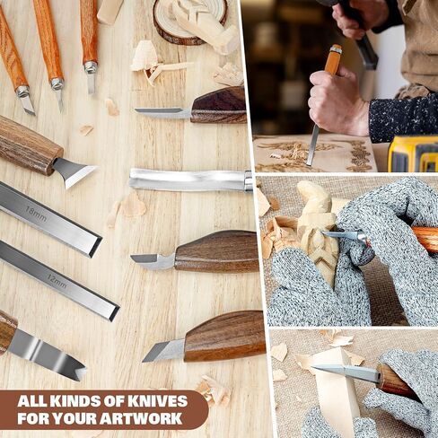 Wood Carving Kit, 20Pcs Wood Carving Tools with PU Leather Storage Bag, Wood Whittling Kit with 3Pcs Chisels & 8Pcs Whittling Knives & 5 Detail Carving Knives for Beginners and Enthusiasts in Kuwait