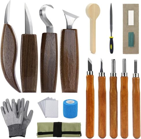 Wood Carving Kit, Whittling Kit for Beginners 21PCS Wood Carving Tools with Cut Resistant Gloves, Wood Spoon Carving Set, Ideal Gift for Kids Adults in Saudi Arabia