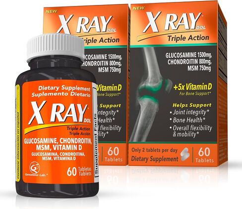 مكمل صحي للمفاصل ثلاثي المفعول من X Ray Dol، مع 5X فيتامين D، الجلوكوزامين 1500 مجم، الكوندرويتين 800 مجم، MSM 750 مجم، يدعم صحة المفاصل والعظام والغضاريف - 60 قطعة in Kuwait