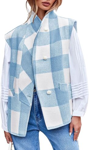 Cicy Bell Womens Plaid Vest Sleeveless Button Down Wool Blend Coats Dressy Casual Outerwear with Pockets in Saudi Arabia