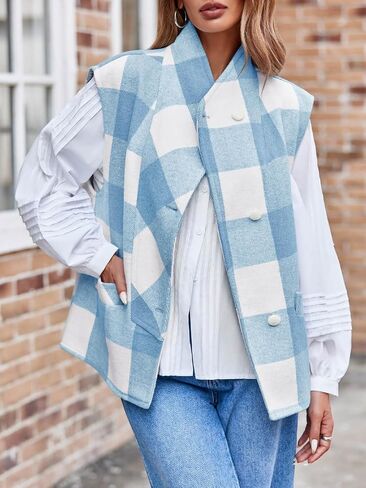 Cicy Bell Womens Plaid Vest Sleeveless Button Down Wool Blend Coats Dressy Casual Outerwear with Pockets in Saudi Arabia