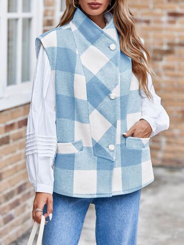 Cicy Bell Womens Plaid Vest Sleeveless Button Down Wool Blend Coats Dressy Casual Outerwear with Pockets in Saudi Arabia