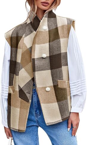 Cicy Bell Womens Plaid Vest Sleeveless Button Down Wool Blend Coats Dressy Casual Outerwear with Pockets in Saudi Arabia