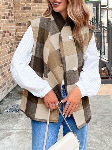 Cicy Bell Womens Plaid Vest Sleeveless Button Down Wool Blend Coats Dressy Casual Outerwear with Pockets in Saudi Arabia