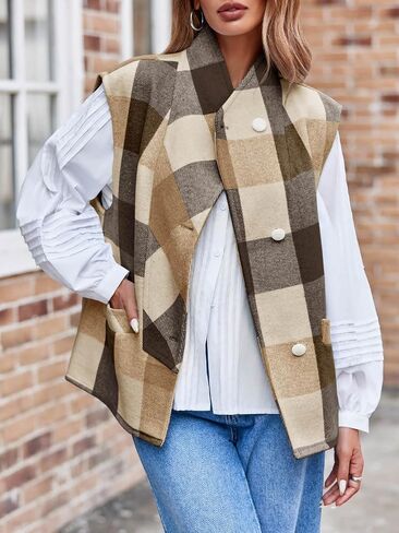 Cicy Bell Womens Plaid Vest Sleeveless Button Down Wool Blend Coats Dressy Casual Outerwear with Pockets in Saudi Arabia