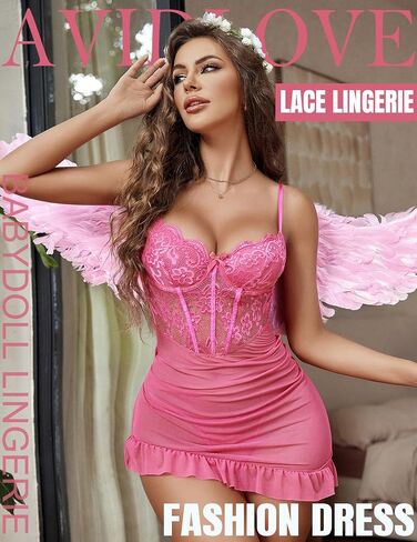 Avidlove Sexy Lingerie for Women Lace Babydoll Dress with Underwire Support Ruffle Hem Hip Chemise Nightgown in Saudi Arabia