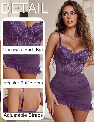 Avidlove Sexy Lingerie for Women Lace Babydoll Dress with Underwire Support Ruffle Hem Hip Chemise Nightgown in Saudi Arabia