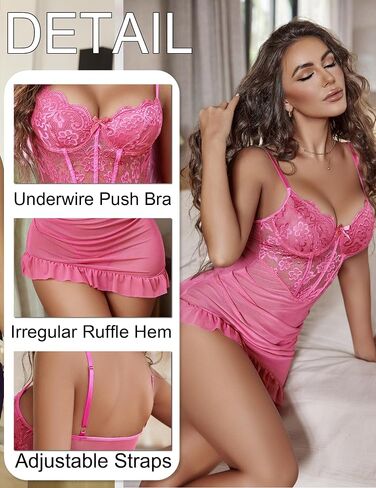 Avidlove Sexy Lingerie for Women Lace Babydoll Dress with Underwire Support Ruffle Hem Hip Chemise Nightgown in Saudi Arabia